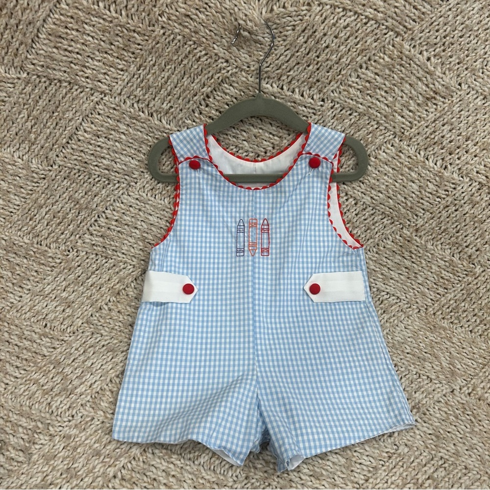 EUC proper peony Blue Gingham baxk to school Romper size 12mo